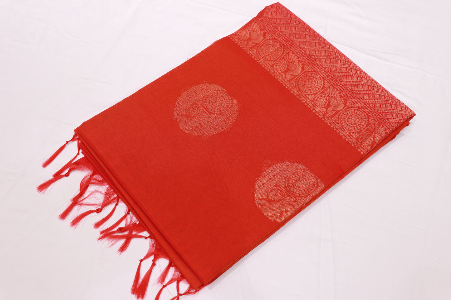 Silk Cotton Saree Orang With Red Colour - Vaishali Silks