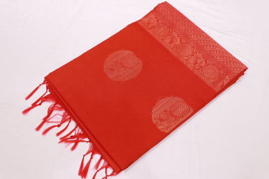 Silk Cotton Saree Orang With Red Colour - Vaishali Silks