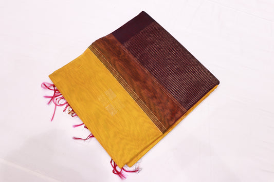 Silk Cotton Saree  Yellow With  Dark  Voilet Colour - Vaishali Silks