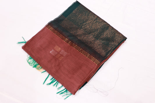 Silk Cotton Saree  Brown  With Bottle Green  Colour - Vaishali Silks