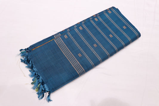 Banana Silk  Saree Blue with Mustard (WITHOUT BLOUSE)