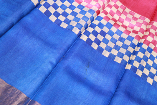 Pure Tusser Saree Pink With Blue Colour
