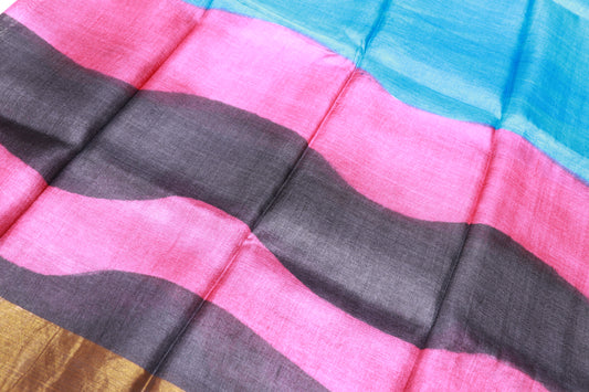 Pure Tusser Saree Blue  With Black
