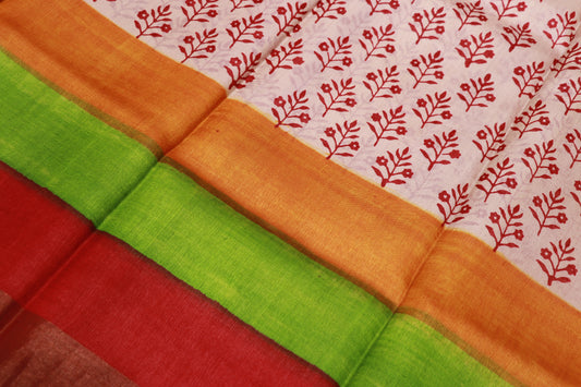 Pure Tusser  Saree Half With White Red