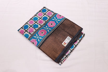 Pure  Tusser  Blue  With Pink Colour