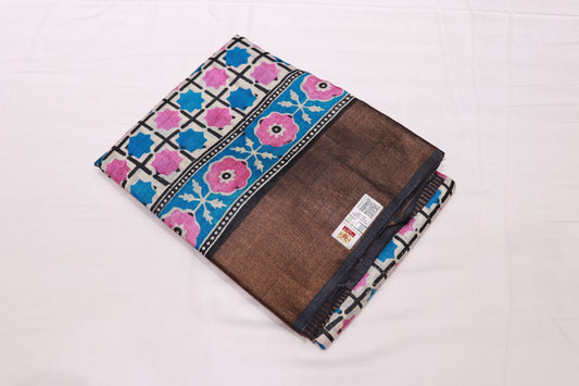 Pure  Tusser  Blue  With Pink Colour