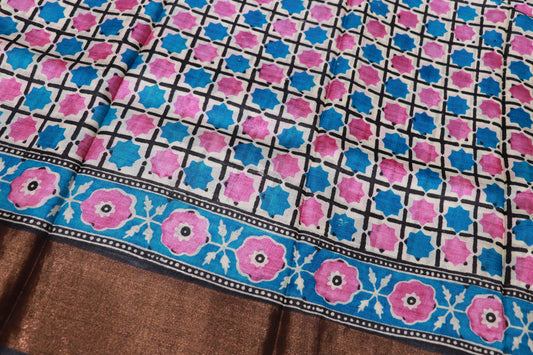 Pure  Tusser  Blue  With Pink Colour
