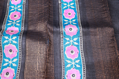 Pure  Tusser  Blue  With Pink Colour
