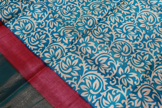 Pure  Tusser  Sky Blue  With White  colour