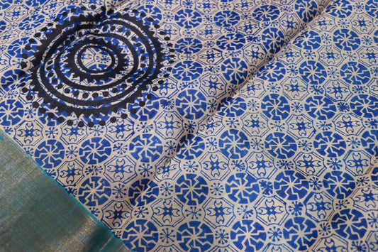 Pure  Tusser Half White With  Blue Colour