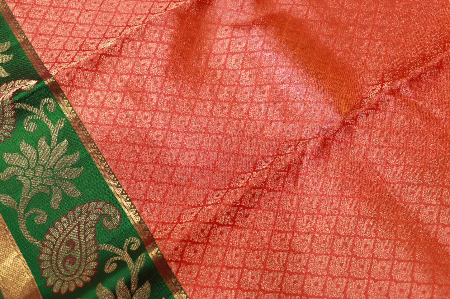 Pure  Silk Saree  Orange With  Green  Colour