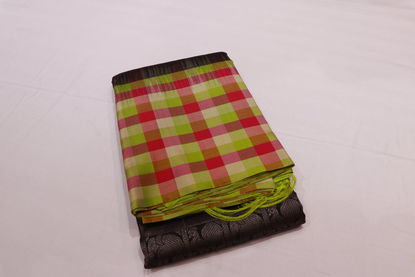 Pure Silk Saree  Black colour saree with Checked Border