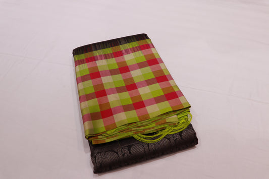 Pure Silk Saree  Black colour saree with Checked Border