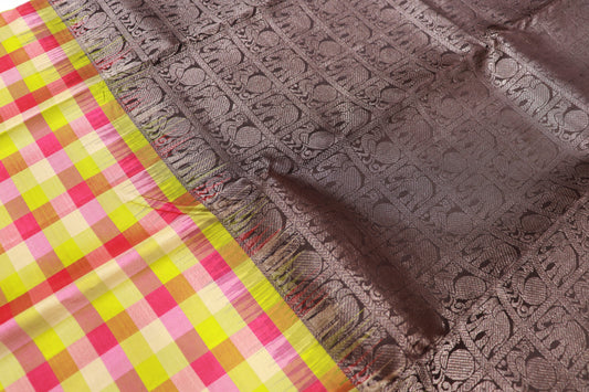 Pure Silk Saree  Black colour saree with Checked Border