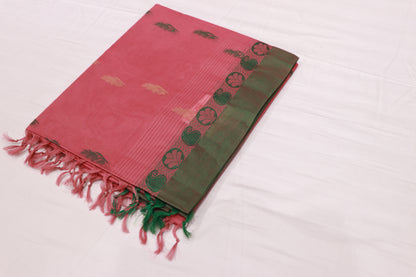 Cotton Saree Pink With Green - Vaishali Silks