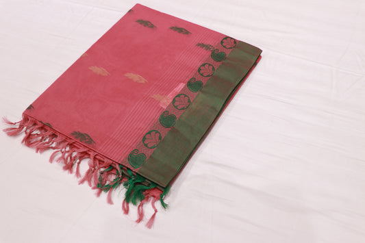Cotton Saree Pink With Green - Vaishali Silks