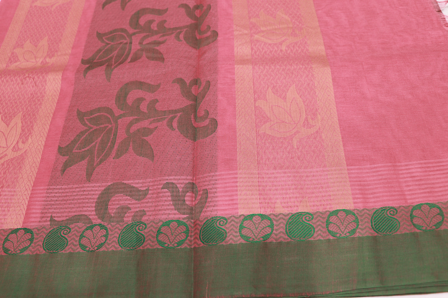 Cotton Saree Pink With Green - Vaishali Silks