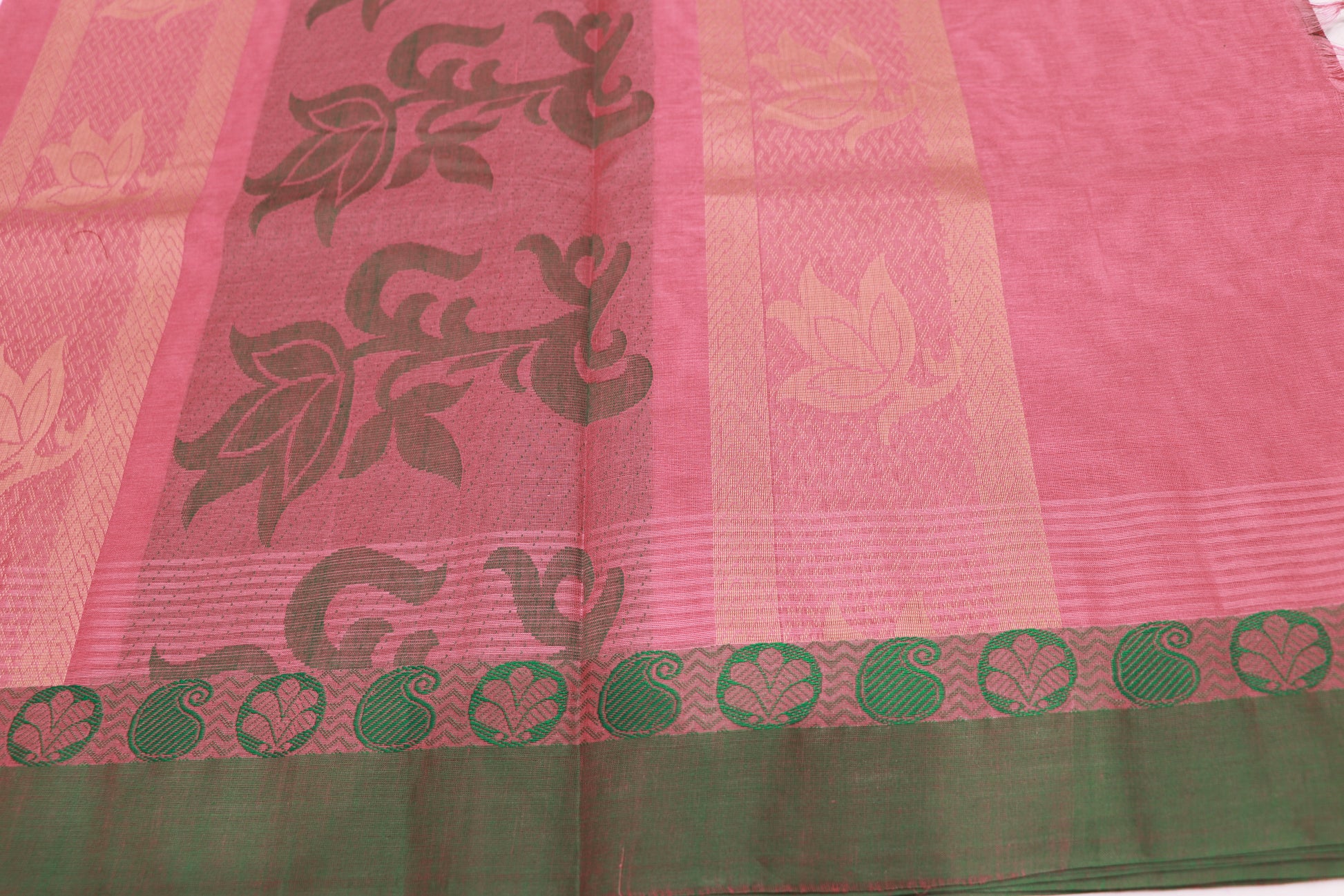 Cotton Saree Pink With Green - Vaishali Silks