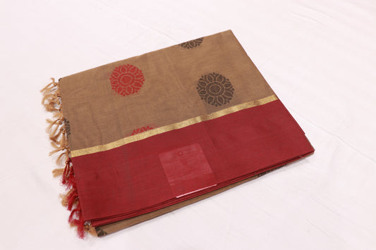 Cotton  Saree Brown with  Red Colour