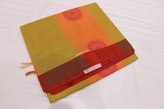 Cotton Saree  Orange With Green Colour - Vaishali Silks