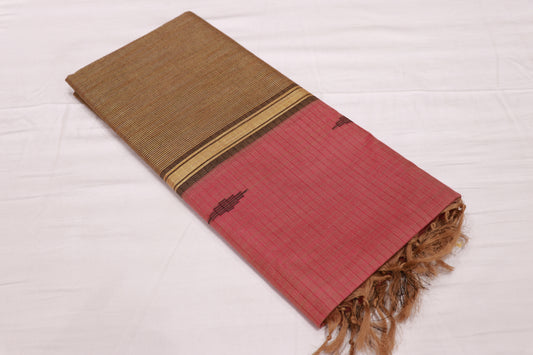 Cotton Saree  Brown with  Pink - Vaishali Silks