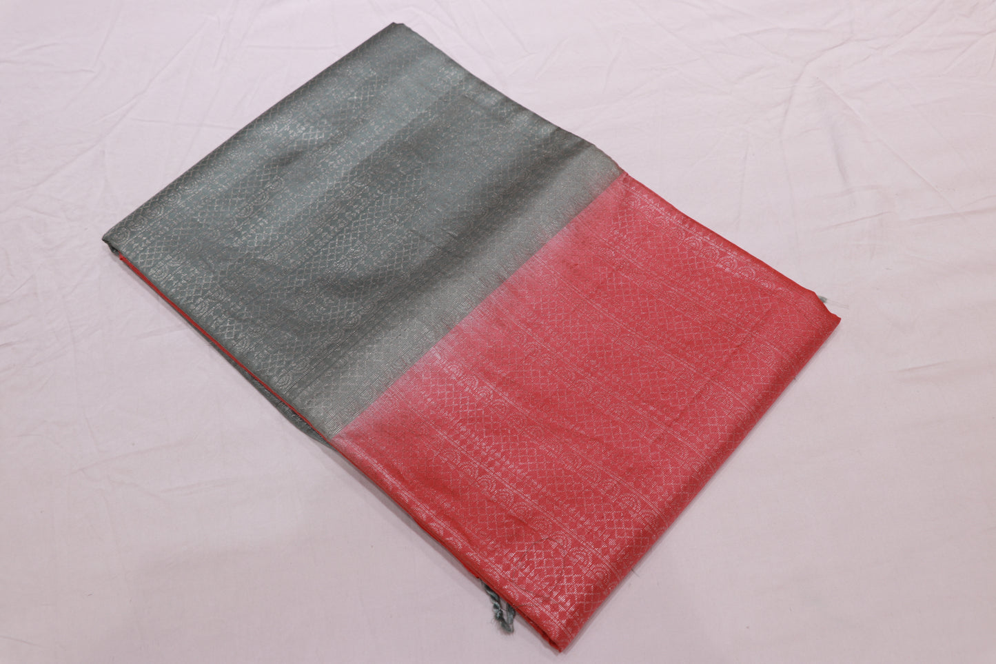 Pure  Silk  Saree Peac h With  Grey Colour - Vaishali Silks