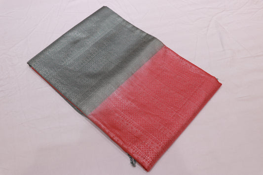 Pure  Silk  Saree Peac h With  Grey Colour - Vaishali Silks