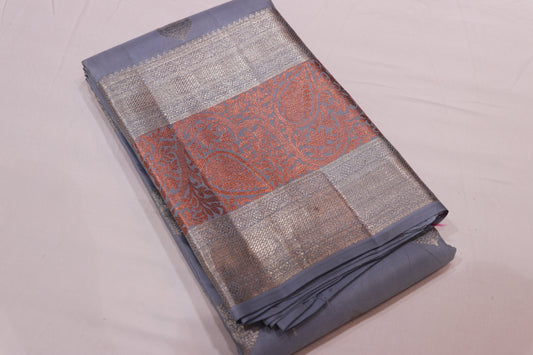 Pure Silk Saree   Gray  with Light  Blue  Colour - Vaishali Silks