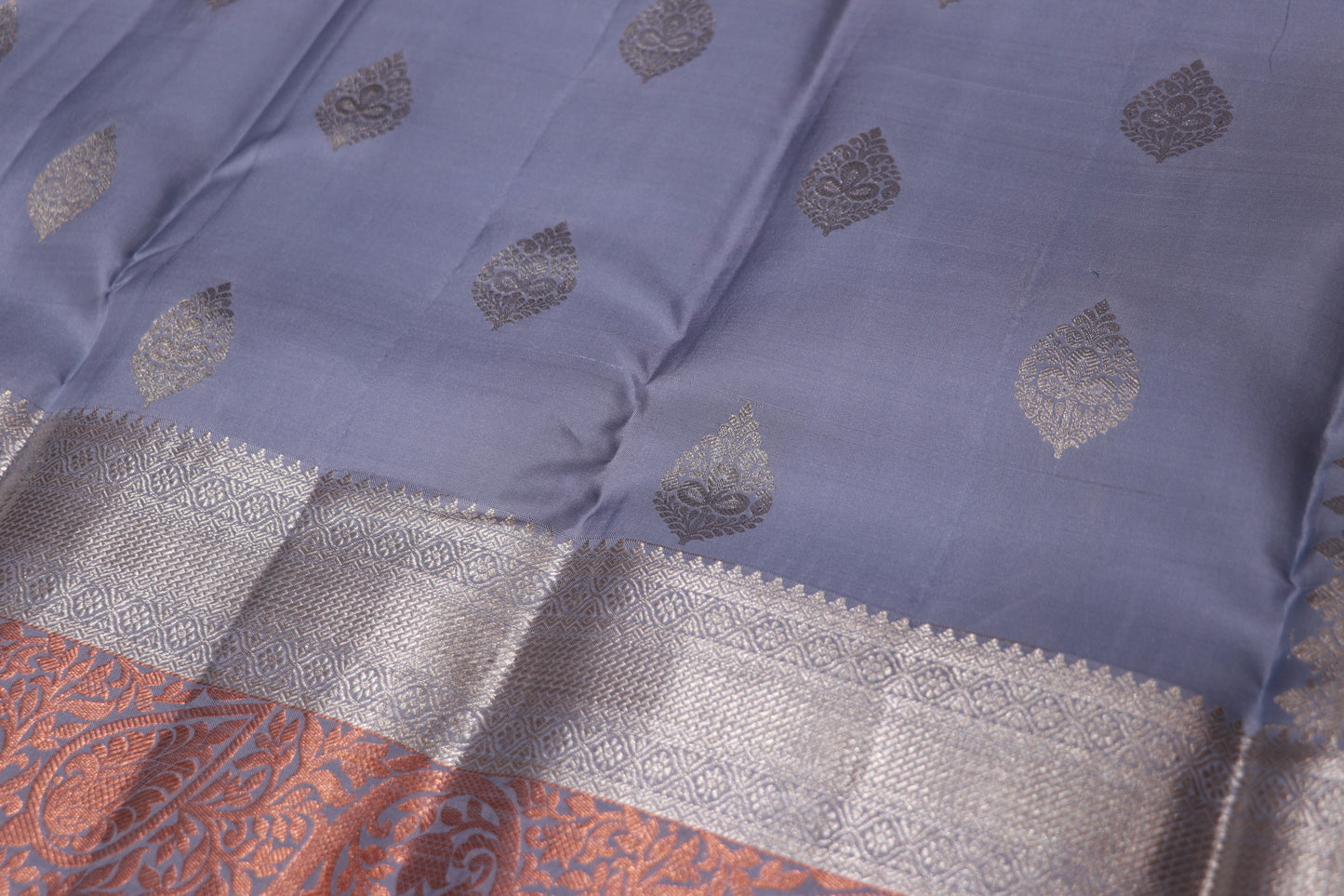 Pure Silk Saree   Gray  with Light  Blue  Colour - Vaishali Silks