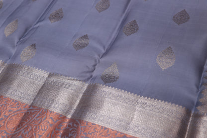 Pure Silk Saree   Gray  with Light  Blue  Colour - Vaishali Silks