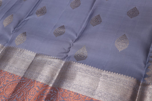 Pure Silk Saree   Gray  with Light  Blue  Colour - Vaishali Silks