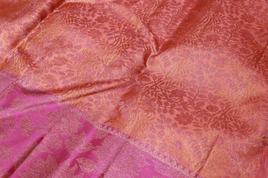 Pure Silk Saree  Light  Orange with Pink Colour - Vaishali Silks