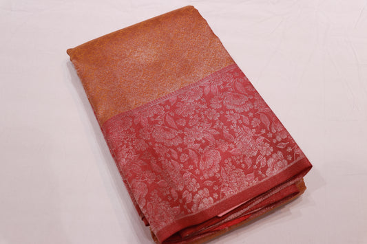 Pure Silk Saree  Light Orange With  Pink Colour - Vaishali Silks