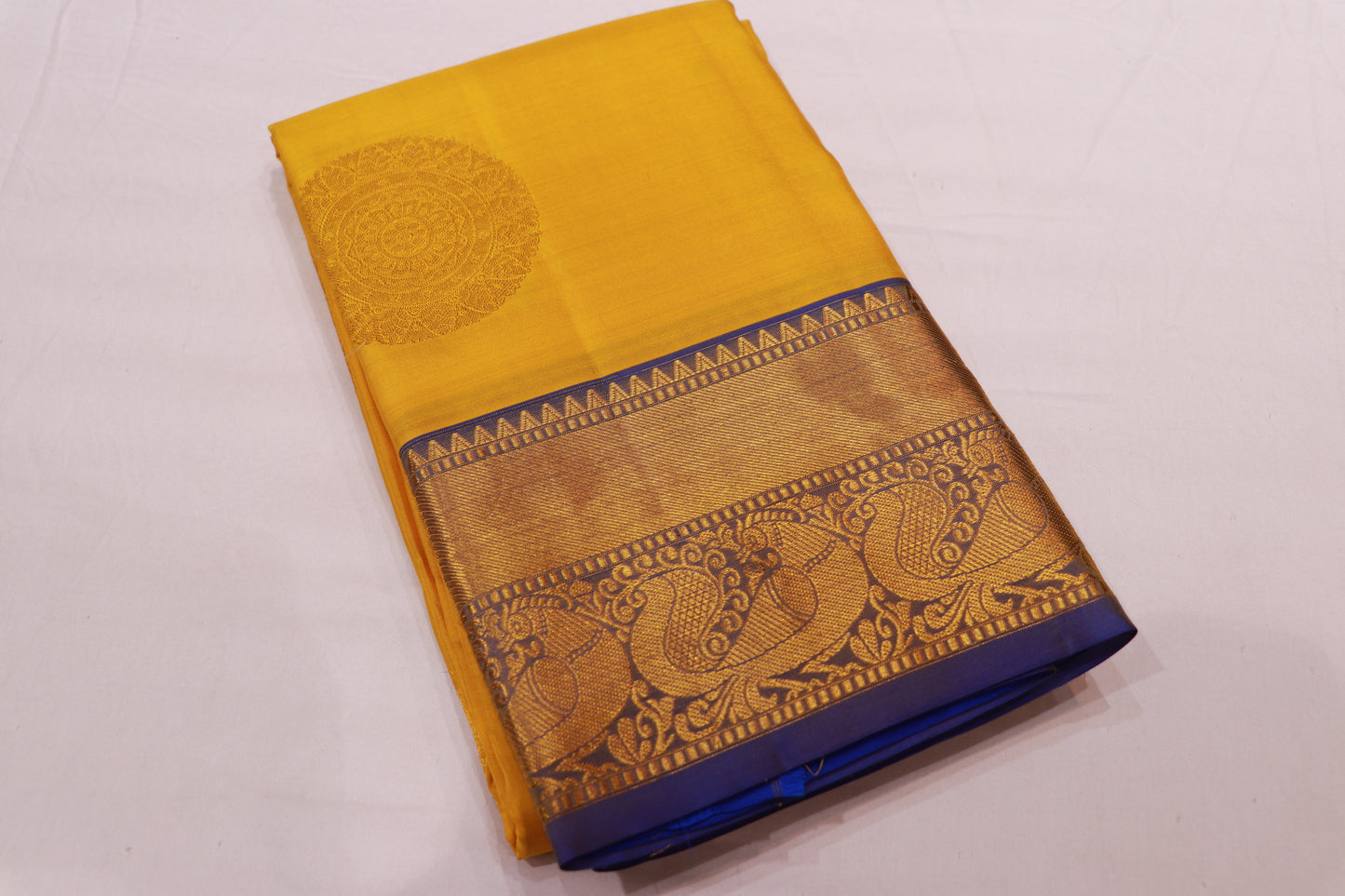 Pure Silk Saree  Yellow with  Blue Colour - Vaishali Silks