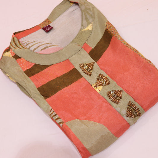 Short  Top  Green With Orange  Colour - Vaishali Silks