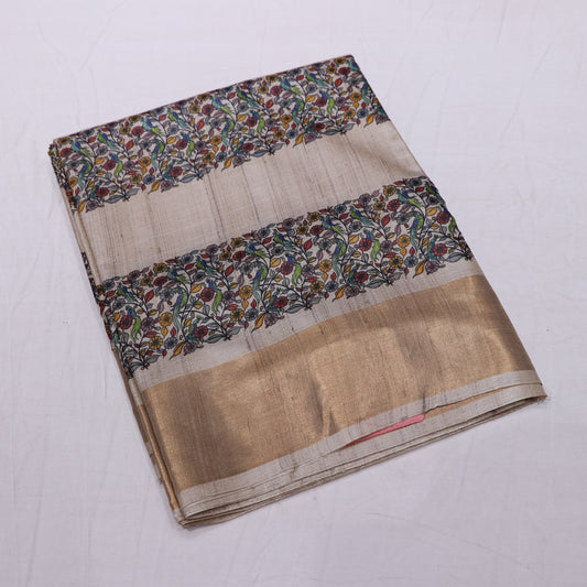 Tussar half  White KalamKari Saree - Vaishali Silks