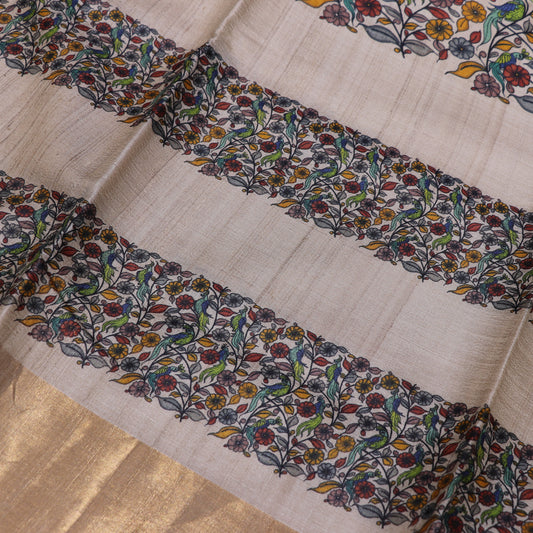 Tussar half  White KalamKari Saree - Vaishali Silks
