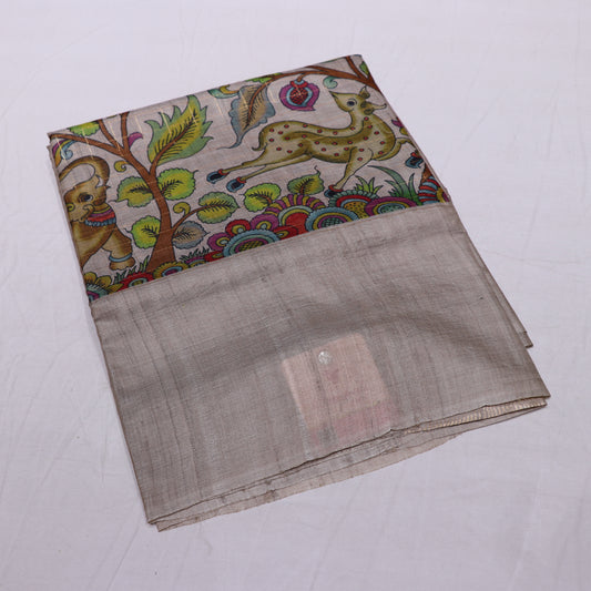 Tussar half  White Kalam kari Saree - Vaishali Silks