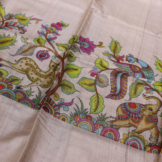 Tussar half  White Kalam kari Saree - Vaishali Silks