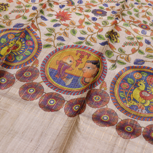 Tussar half White  Kalam kariSaree - Vaishali Silks