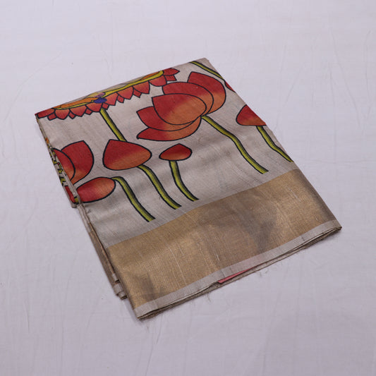 Tussar half  White Kalam  KariSaree - Vaishali Silks