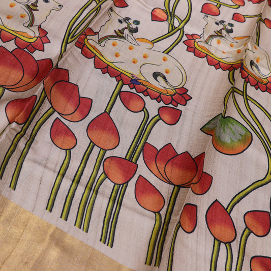 Tussar half  White Kalam  KariSaree - Vaishali Silks