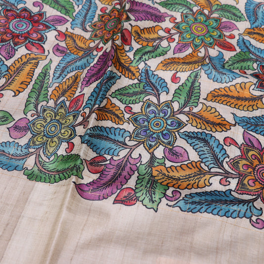 Tussar half  WhiteKalam Kari SAree - Vaishali Silks