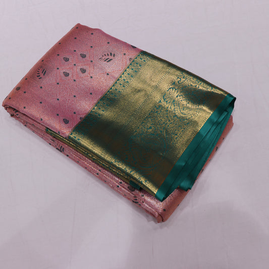 Tissue Saree  Peach With  Green Colour - Vaishali Silks
