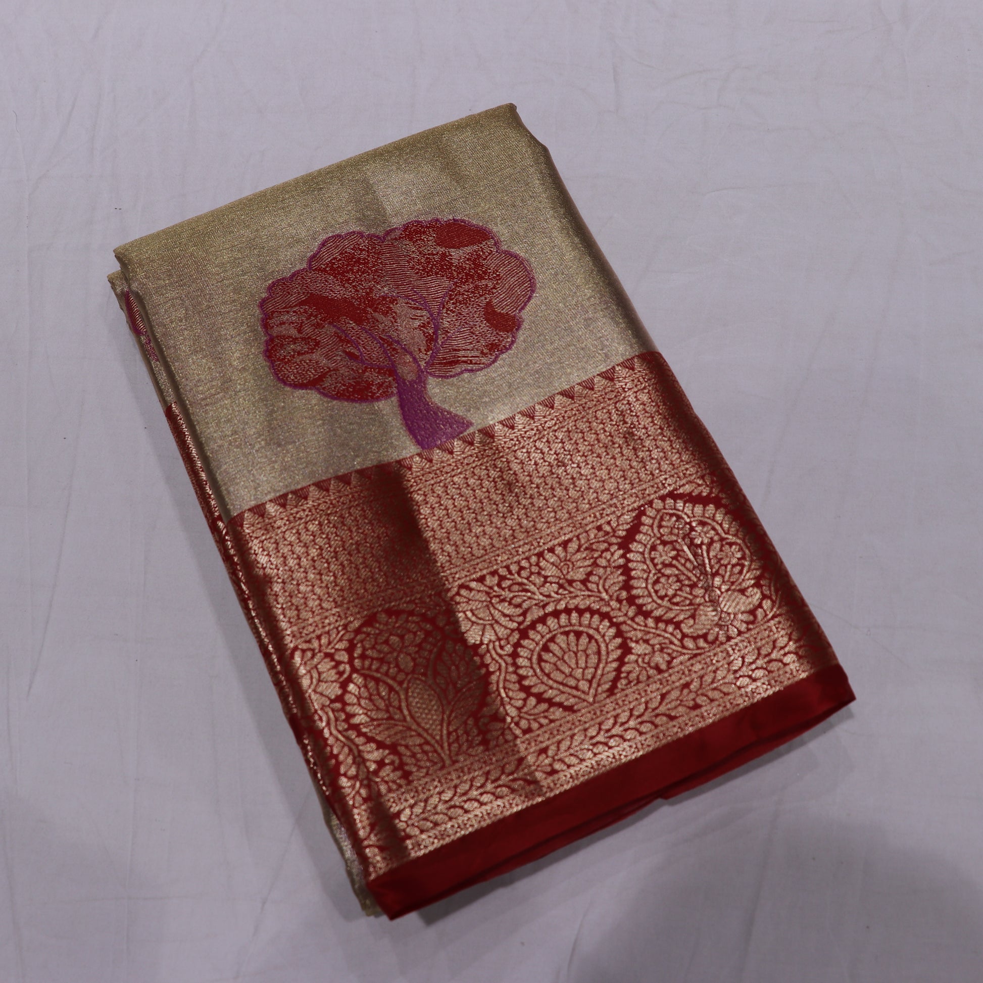 Tissue silk saree  Sandal  with  Red - Vaishali Silks