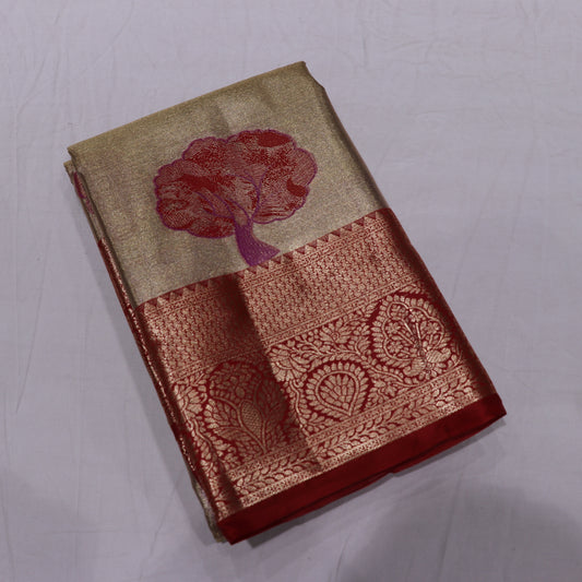 Tissue silk saree  Sandal  with  Red - Vaishali Silks
