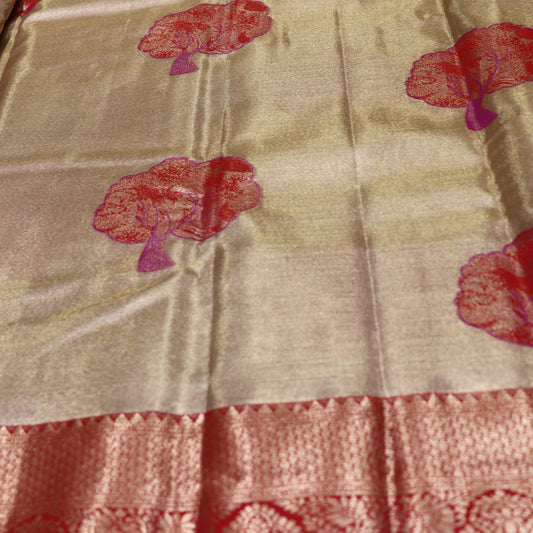 Tissue silk saree  Sandal  with  Red - Vaishali Silks